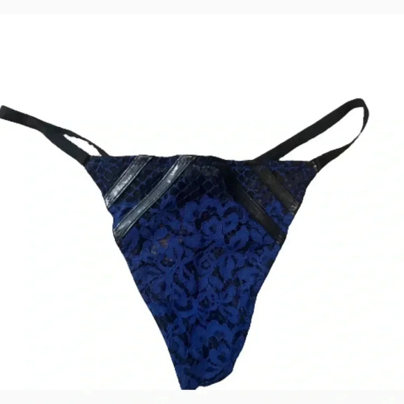 VICTORIA’S SECRET PUSH UP BRA PANTY SET THONG BLACK BLUE FAUX LEATHER 36DD - Picture 8 of 13